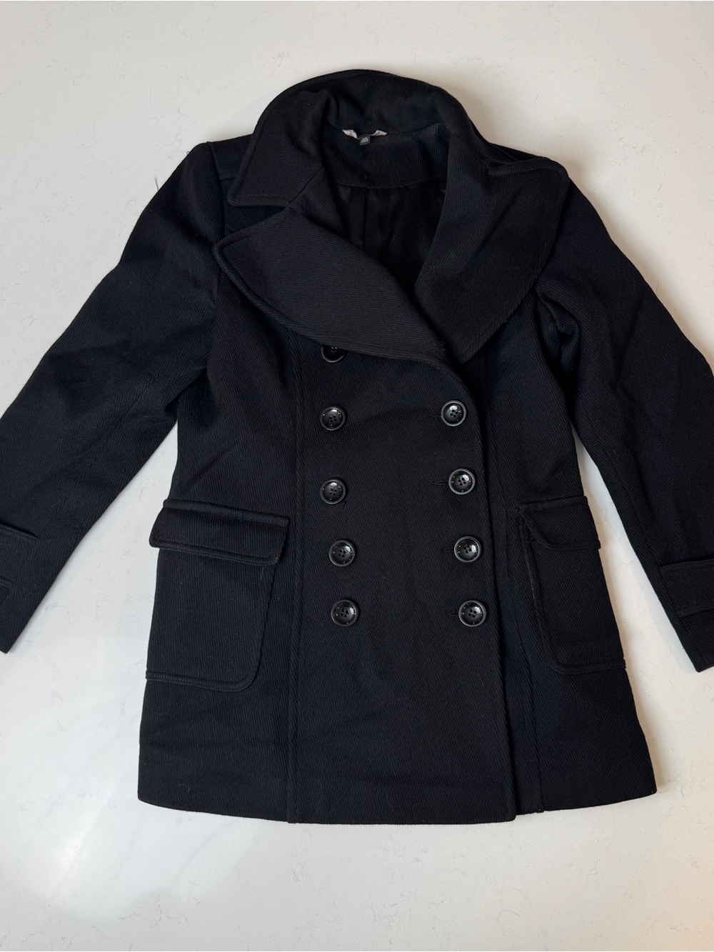 Women's Black Double-Breasted Peacoat with Wide Collar